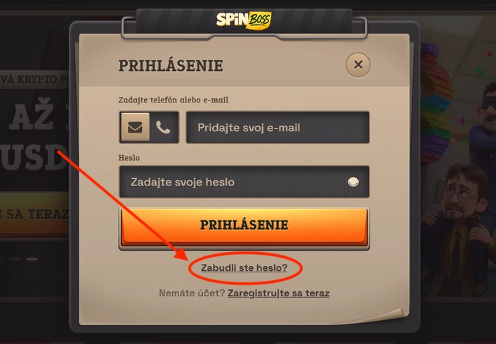 obnova hesla spinboss kasíno