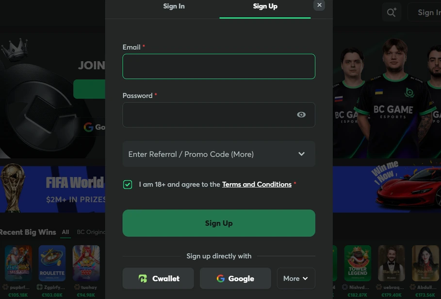 registrácia bc game casino